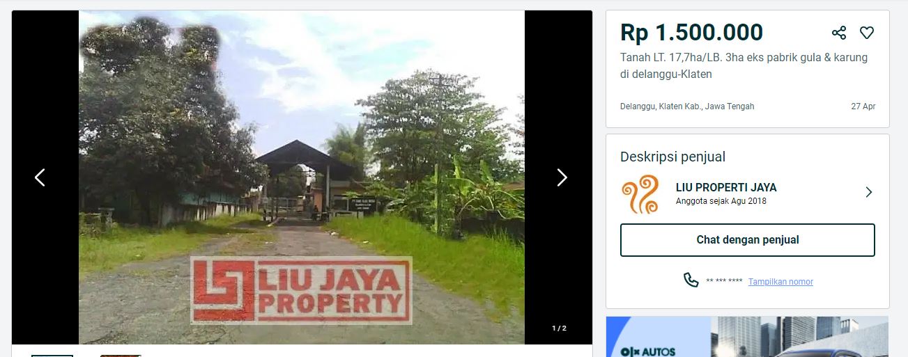 Gedung eks pabrik Delanggu Klaten dijual di situs online