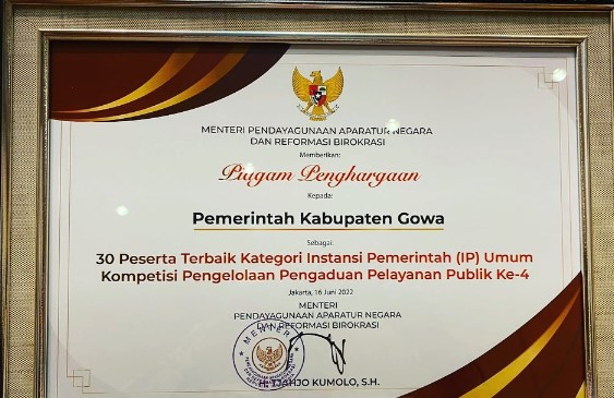 Dinilai responsif, Pemkab Gowa raih penghargaan pengelolaan aduan publik
