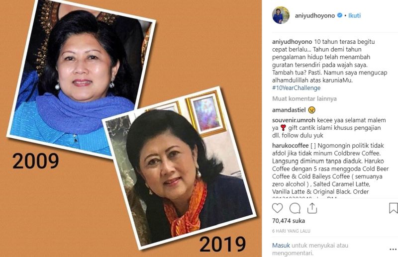 Anie Yudhoyono ikut-ikutan 10yearchallenge. (instagram.com/aniyudhoyono).