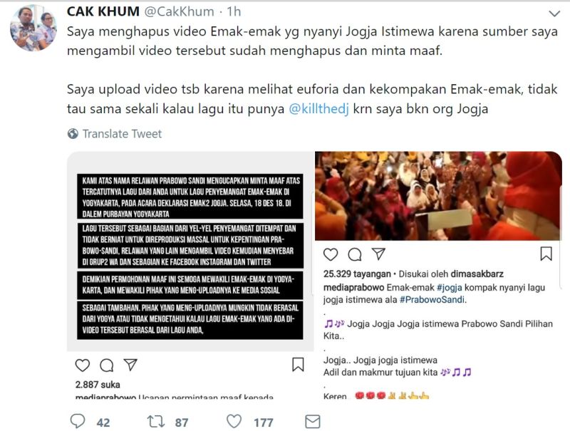 Pernyataan akun @CakKhum terkait video Jogja Istimewa. (twitter.com/CakKhum)