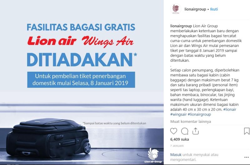 Lion Air Group mengumumkan pengenaan tarif bagasi di media sosial resmi mereka. (instagram.com/lionairgroup)