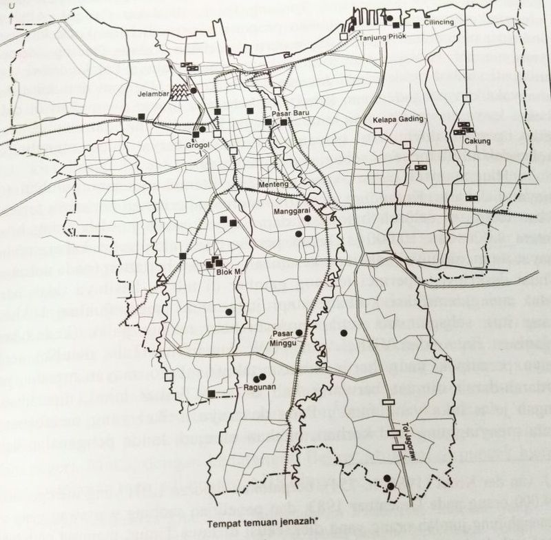 Lokasi penemuan mayat korban petrus di Jakarta pada 1980-an. (Repro buku Wilayah Kekerasan di Jakarta).