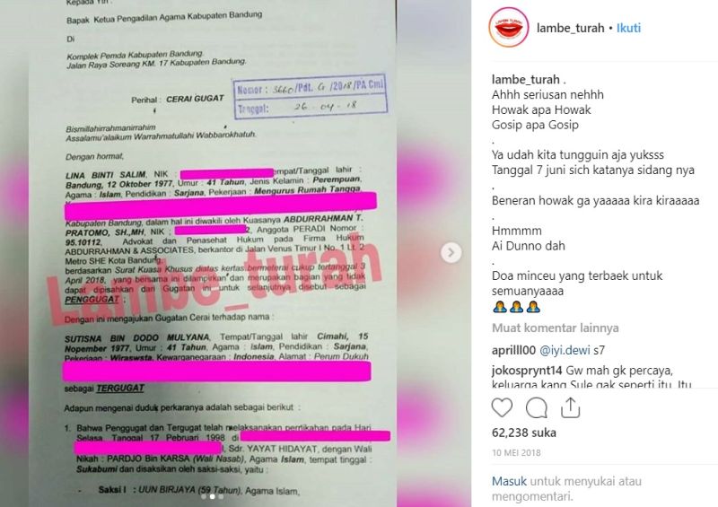 Surat gugatan cerai Lina kepada komedian Sule yang diunggah akun Instagram Lambe Turah pada 10 Mei 2018. (instagram.com/lambe_turah).