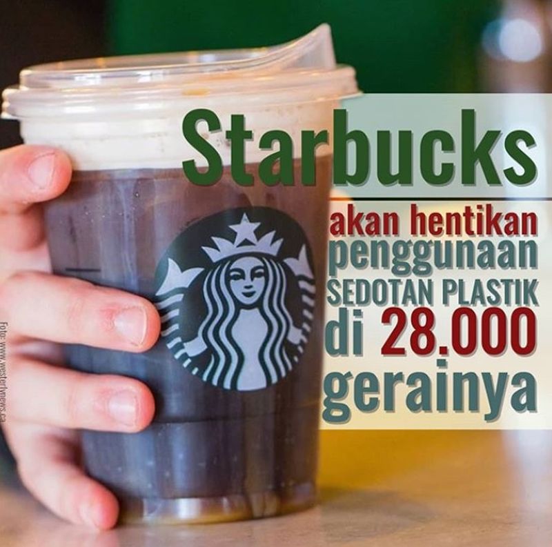 Gerai Starbucks berencana meniadakan sedotan plastik pada 2020 mendatang. (instagram.com/pandulaut.id).