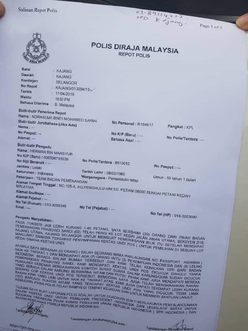 Surat Polis Diraja Malaysia. / Istimewa