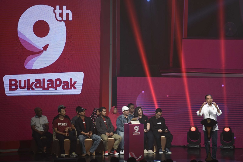 Presiden Joko Widodo menghadiri ulang tahun ke-9 Bukalapak. / Antara Foto