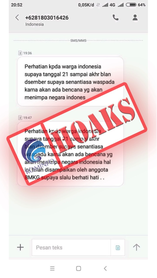 Kementerian Komunikasi dan Informatika (Kemenkominfo) menemukan dua hoaks usai peristiwa tsunami di Selat Sunda pada Sabtu (22/12).