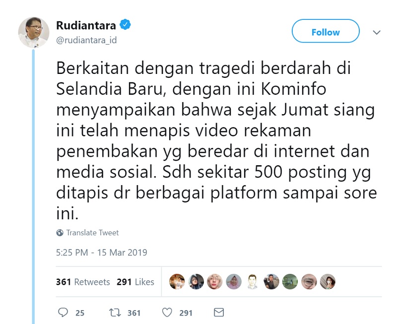 Menkominfo Rudiantara dalam akun twitternya