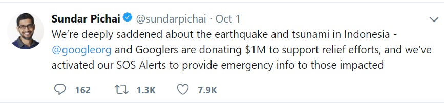 CEO Google Sundar Pichai melalui akun twitternya @sundarpichai juga mendonasikan US$1 juta untuk membantu pemulihan di Sulawesi Tengah.