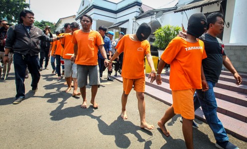 Para terduga pelaku penganiayaan Haringga Sirila di Polrestabes Bandung (Antara Foto).