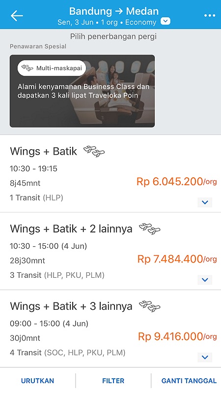 Pencarian tiket pesawat rute Bandung-Medan di platform Traveloka. Alinea.id/Laila Ramdhini