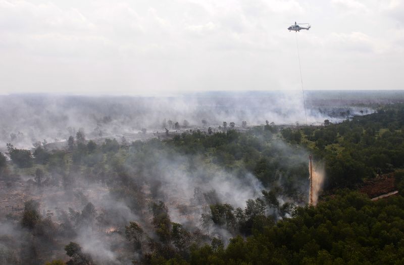 Helikopter Super Puma milik Asia Pulp & Paper (APP) Sinar Mas melakukan water bombing di Muara Medak, Bayung Lencir, Musi Banyuasin, Sumsel, Rabu (21/8). /Antara Foto.