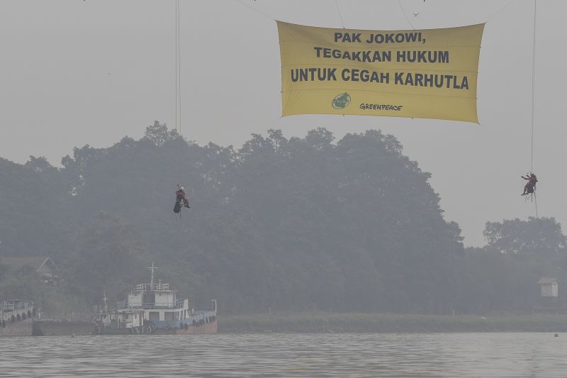Aktivis lingkungan Greenpeace Indonesia dan Save Our Borneo melakukan aksi pembentangan spanduk raksasa di bawah Jembatan Kahayan, Palangka Raya, Kalimantan Tengah, Minggu (22/9). /Antara Foto. 