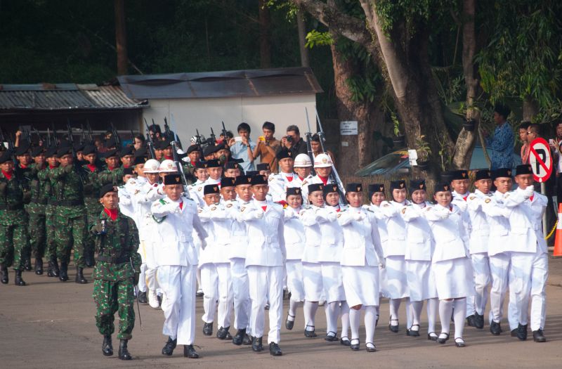 Paskibraka berbaris bersama anggota TNI saat perayaan Hari Kemerdekaan Indonesia pada 2013. /wikipedia.org
