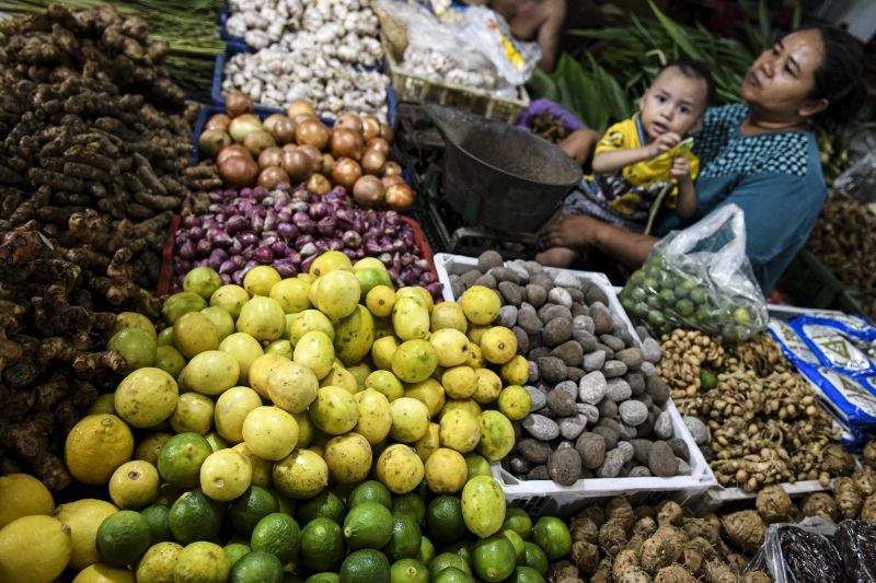 Pedagang sayur menata dagangannya di Pasar Minggu, Jakarta, Selasa (26/11/2019). Foto Antara/Muhammad Adimaja.