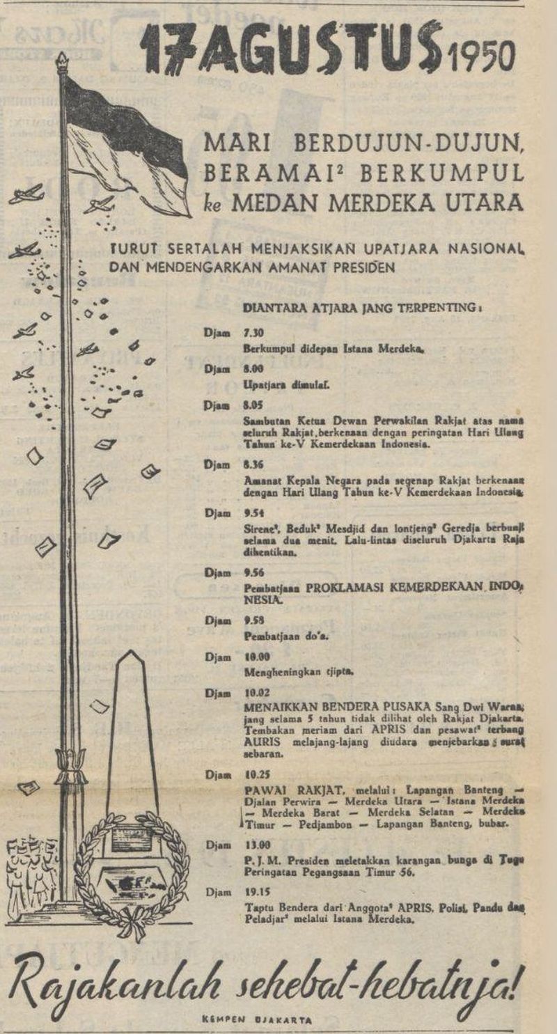 Agenda peringatan kemerdekaan Indonesia di Istana Merdeka, Jakarta, pada 1950. /Java-bode, 16 Agustus 1950.