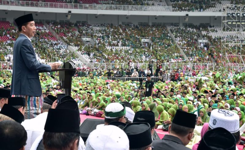 Presiden Joko Widodo saat memberikan sambutan di Harlah 73 Muslimat NU di Gelora Bung Karno, Jakarta, Minggu (27/1/2019). /Foto Biro Pers Istana