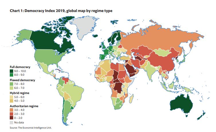 Peta Indeks Demokrasi Global The Economist Intelligence Unit/Foto: Demokrasi Indeks 2019 EIU