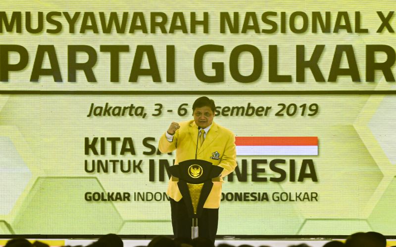 Ketua Umum Partai Golkar Airlangga Hartarto berpidato dalam pembukaan Munas Golkar di Jakarta, Desember 2019. /Antara Foto