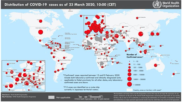 Tabel 2. Negara, teritorial atau area yang terkonfirmasi terpapar Covid-19 per 23 Maret 2020   