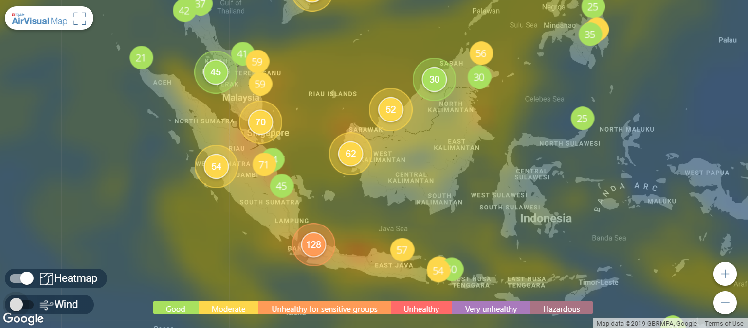 Peta kualitas udara Indonesia menurut data AirVisual saat diakses pukul 15.40 WIB.