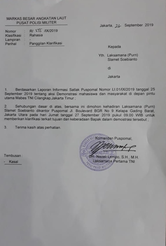 Surat pemanggilan Mantan Kepala Staf TNI Angkatan Laut Laksamana (Purn) Slamet Soebijanto./Istimewa
