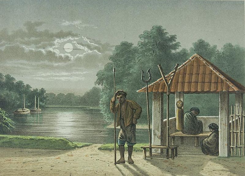 Litografi gardu dengan para penjaga di tepi sungai di Batavia pada 1800-an./Karya Jhr. Josias Cornelis Rappard/Tropenmuseum/geheugen.delpher.nl.