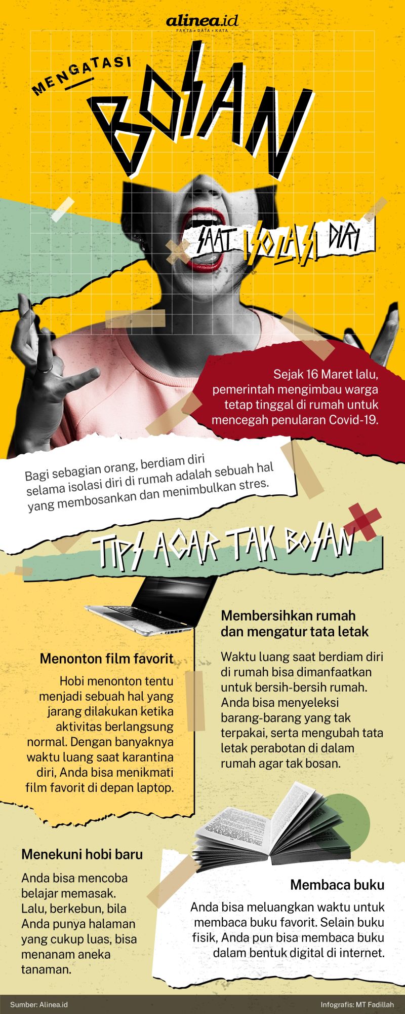 Infografik mengatasi bosa saat isolasi diri. Alinea.id/MT Fadillah.
