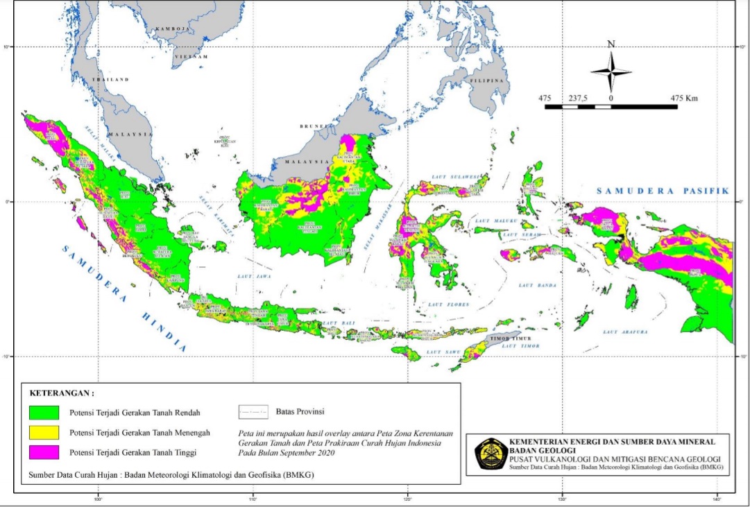 Peta prakiraan wilayah potensi terjadinya gerakan tahan pada September 2020 di Indonesia. Sumber: Kementerian ESDM