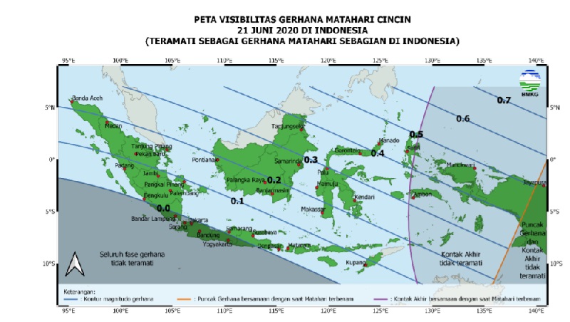  Peta lintasan Gerhana Matahari Cincin 21 Juni 2020 di Indonesia. Sumber BMKG