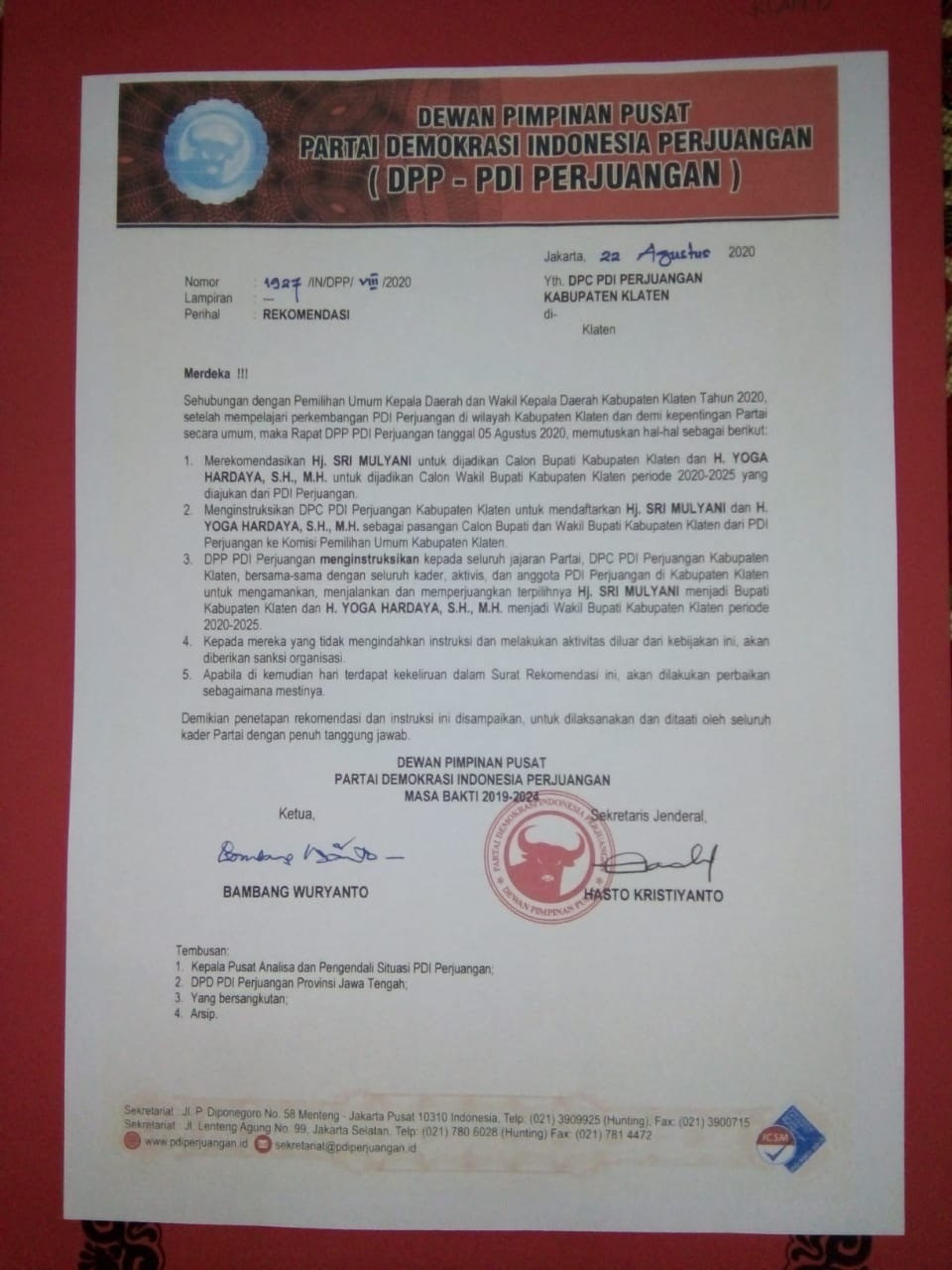Surat Rekomendasi PDIP kepada pasangan Sri Mulyani-Yoga Hardaya untuk maju pada Pilkada Klaten 2020. Istimewa
