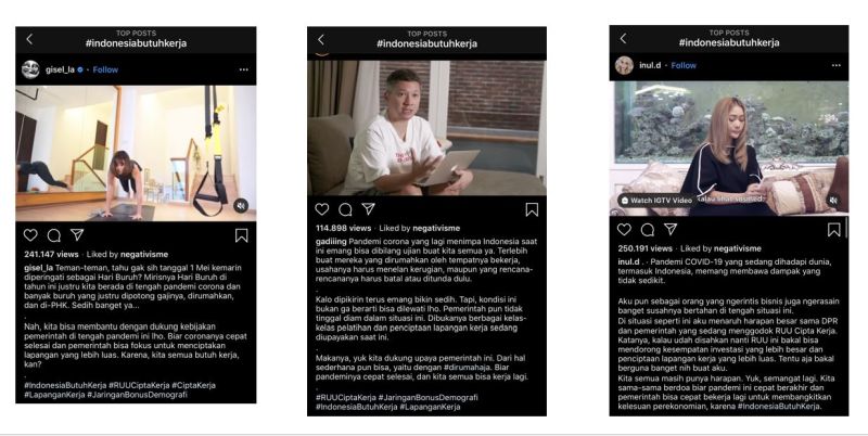Tangkapan layar para sejumlah artis yang kedapatan menggaungkan tagar  #IndonesiaButuhKerja. Kolase Alinea.id