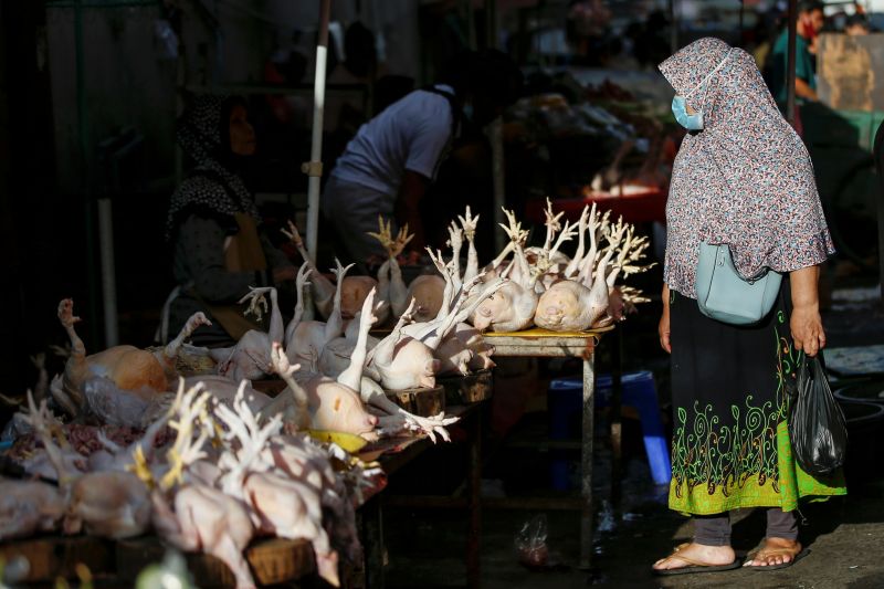 Seorang wanita mengenakan masker saat berbelanja di sebuah pasar tradisional di Jakarta. Foto Reuters/Willy Kurniawan.