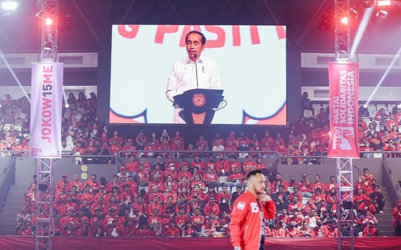 Presiden Joko Widodo (Jokowi) berpidato dalam acara Kopi Darat Nasional PSI, Agustus 2023. /Foto Instagram @giring