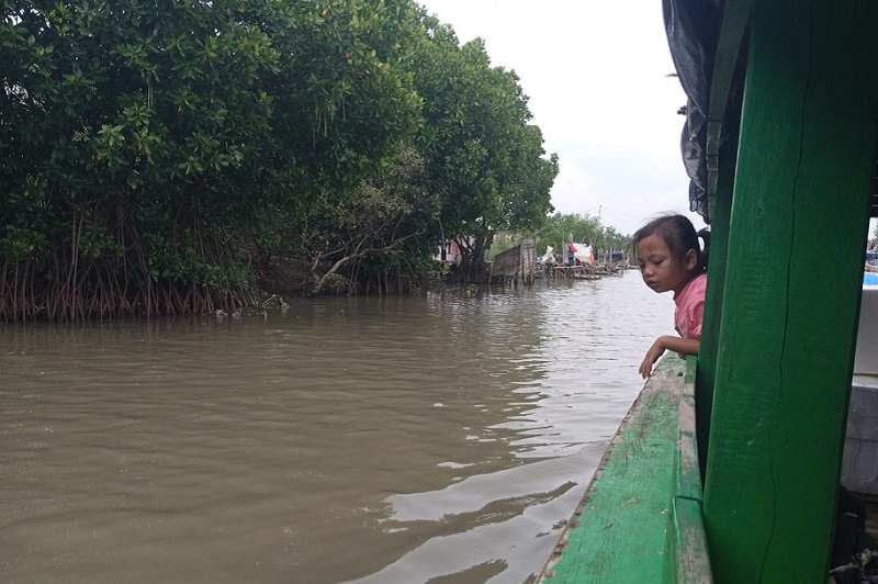 Seorang bocah berdiri di sisi perahu nelayan yang melaju menyusuri hutan mangrove di Desa Pantai Mekar, Muara Gembong, Bekasi, Jawa Barat, Selasa (3/1). Alinea.id/Kudus Purnomo Wahidin