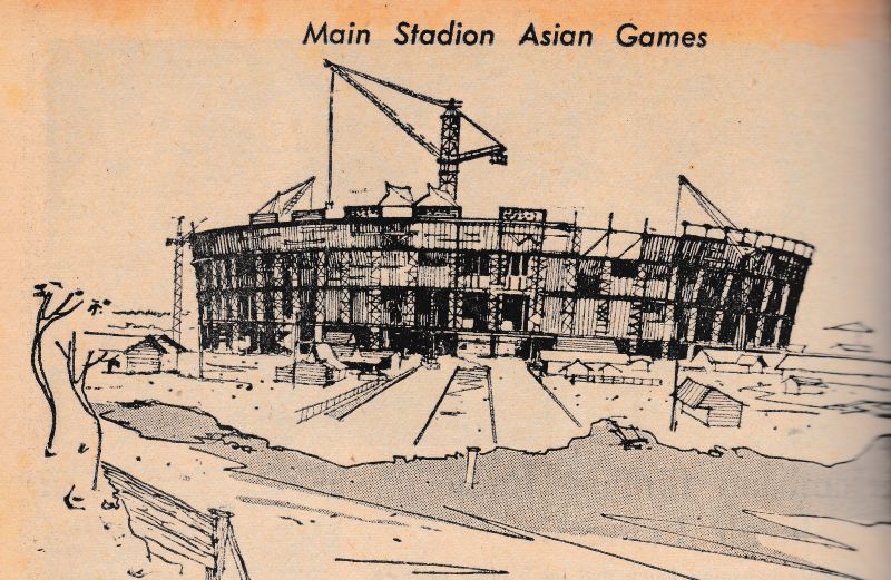 Sketsa stadion utama di Senayan, Jakarta, yang kelak bernama Stadion Utama Gelora Bung Karno, dalam proses pembangunan pada 1961. Foto Varia, 20 September 1961.