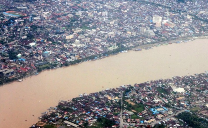 Foto udara Sungai Mahakam di Kalimantan Timur. /Foto Antara