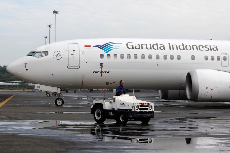 Pesawat Garuda Indonesia tipe Boeing 737 Max 8 terparkir di Garuda Maintenance Facility AeroAsia, Bandara Soekarno-Hatta, Tangerang. Foto Reuters/Willy Kurniawan.