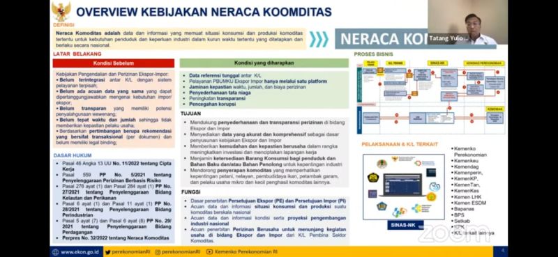 Tangkapan layar Webinar Alinea Forum “Harmonisasi Regulasi dan Akuntabilitas Neraca Komoditas”, Senin (28/11).