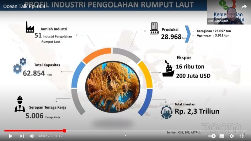 Tangkapan layar Webinar Ocean Talks: Bagaimana Opsi Realistis Hilirisasi Ekspor dan Pengolahan Hasil Laut?, yang diadakan oleh Ocean Solution Indonesia, Kamis (16/2).