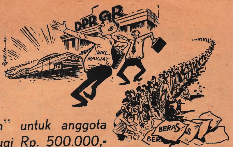  Karikatur sindiran terhadap wakil rakyat di DPR-GR yang menikmati fasilitas mewah, sementara rakyat harus antre beras./Foto Selecta, 20 November 1967.