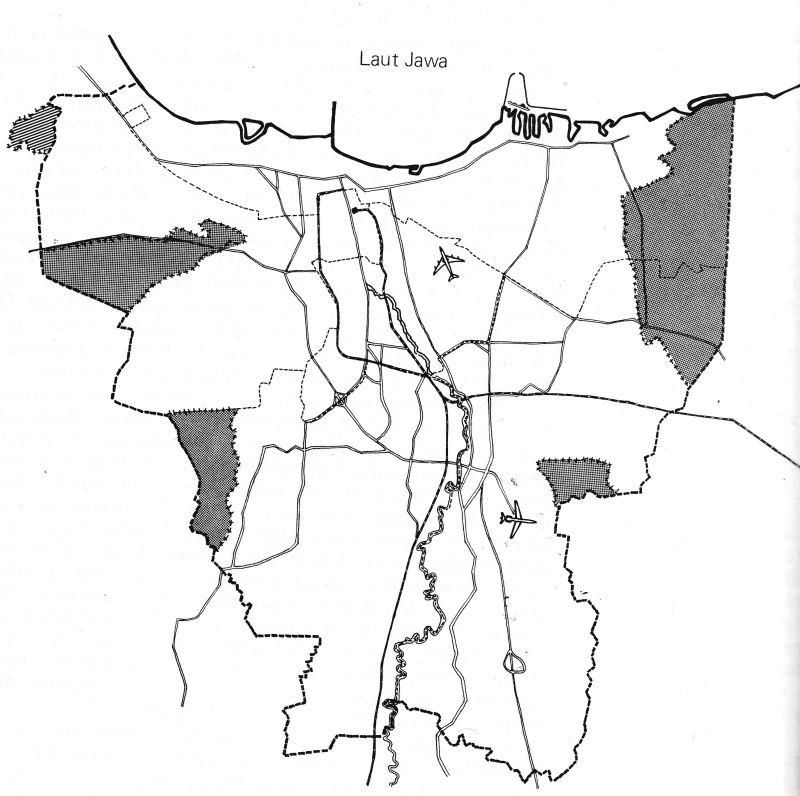 Peta Jakarta sebelum wilayahnya diperluas ke beberapa titik desa di Jawa Barat./Foto Gita Jaya: Catatan H. Ali Sadikin Gubernur Kepala DKI Jakarta, 1966-1977 (1977). 