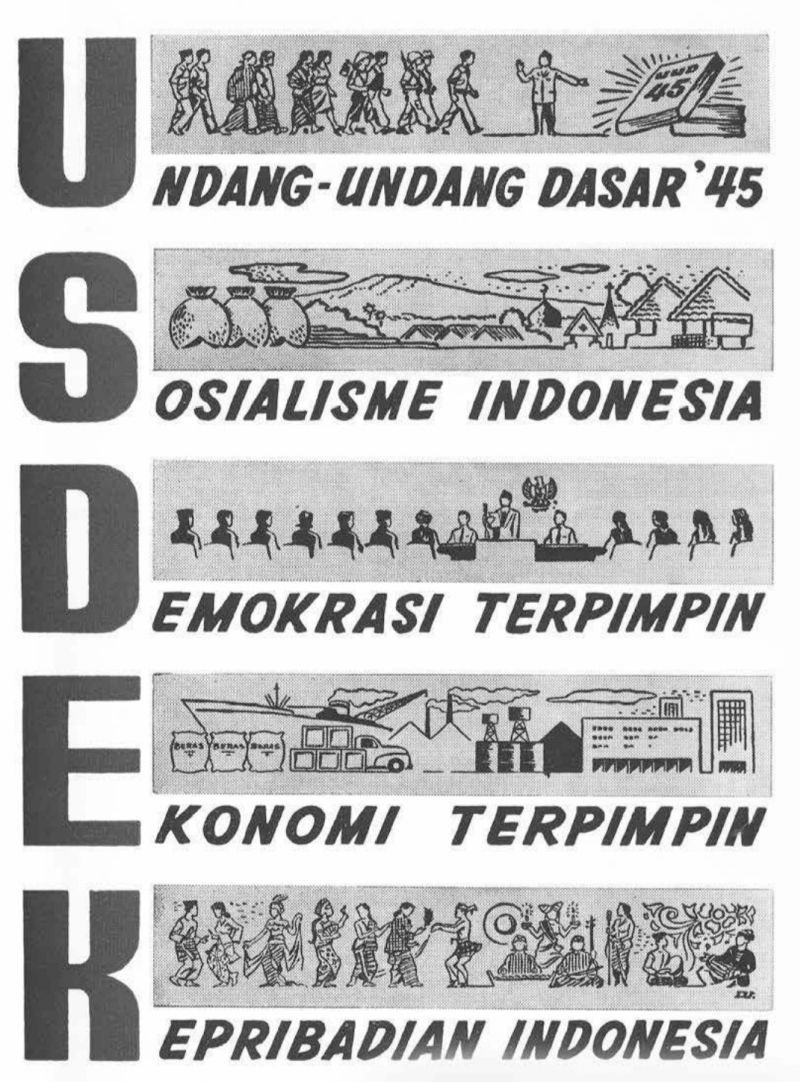 Sebuah materi propaganda USDEK yang termuat di buku Pedoman untuk Melaksanakan Amanat Penderitaan Rakjat (1961)./Foto commons.wikimedia.org