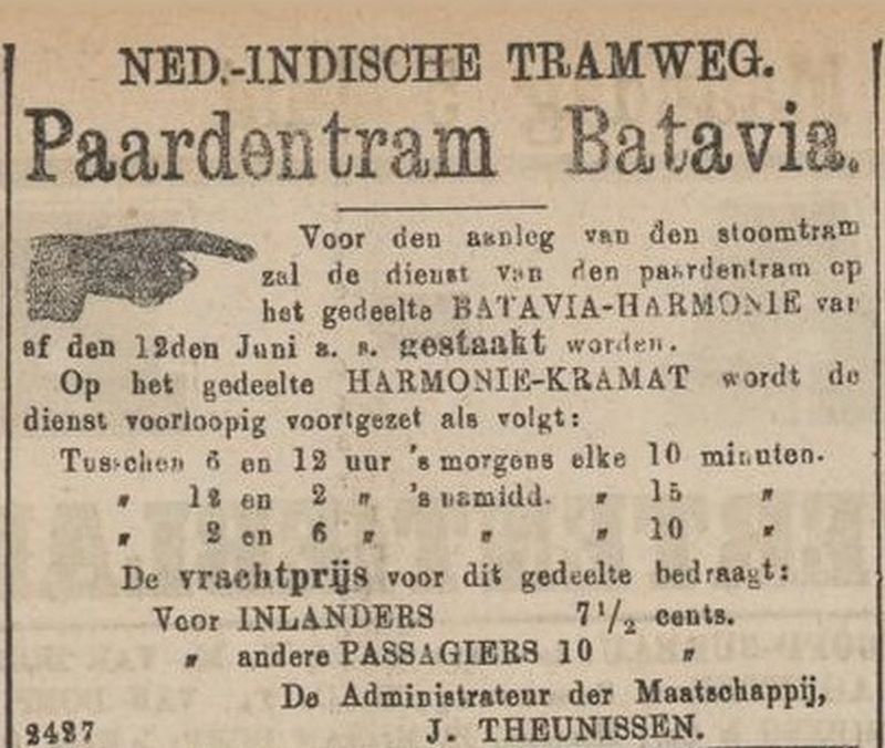 Sebuah iklan pengumuman tarif dan waktu operasional trem kuda di Batavia pada 1882./Foto Java-bode, 5 Juni 1882