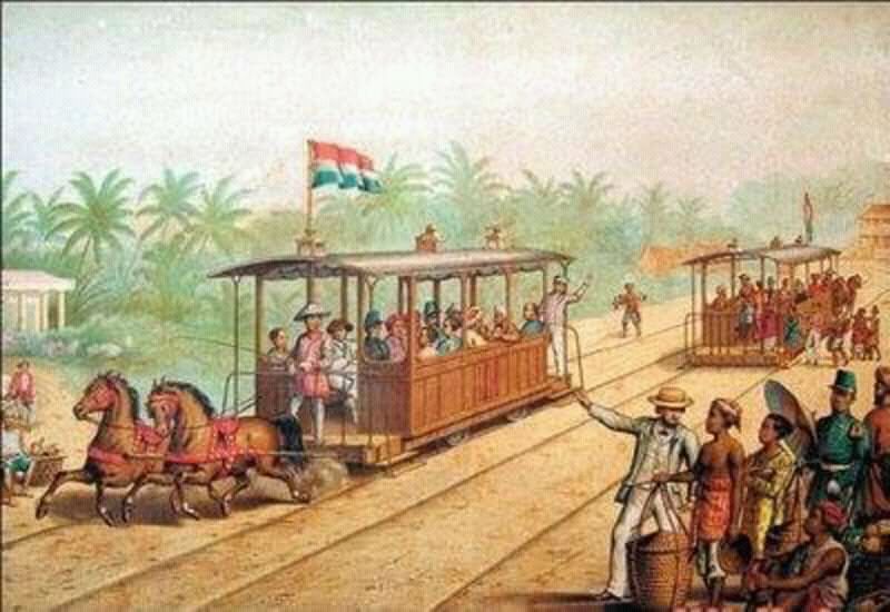  Lukisan trem kuda pada 1881 yang dikelola Nederlands-Indische Tramweg Maatschappij (NITM)./Foto Perpustakaan Nasional RI/commons.wikimedia.org
