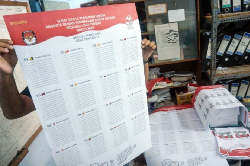 Pekerja mensortir lembaran cetakan contoh poster surat suara sosialisasi dari Komisi Pemilihan Umum (KPU) di percetakan Puji Syukur di Pekalongan, Jawa Tengah, Rabu (16/1/2019)./Foto Antara/Harviyan Perdana Putra