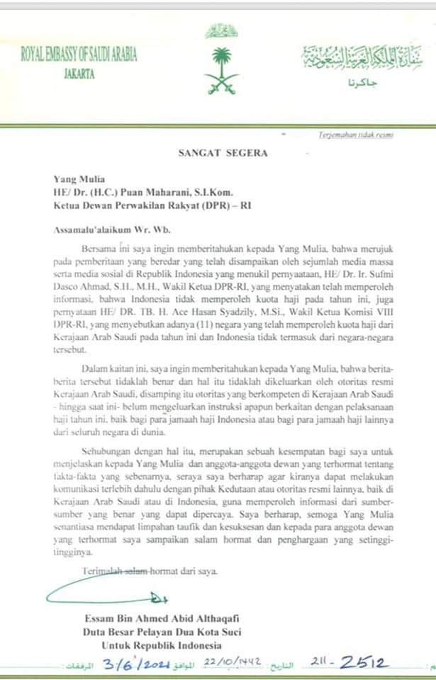 Surat Dubes Arab Saudi untuk Indonesia kepada Ketua DPR, Puan Maharani, tentang kuota haji 2021. Istimewa